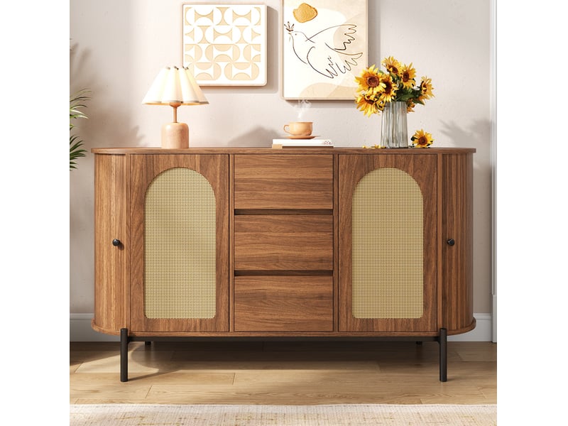 Buffet bas ovale 140x38x77,5 cm, portes coulissantes et rotin, 3 tiroirs, mdf, pieds métal, noyer - Conforama D