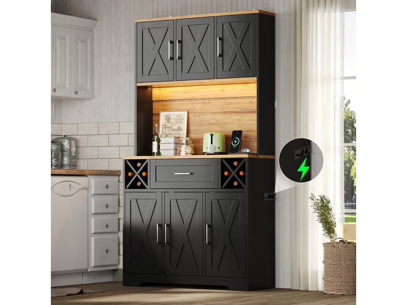  Vaisselier haut meuble de cuisine avec éclairage led rgb range bouteilles et prises électriques 105x40x180 cm  - Conforama B