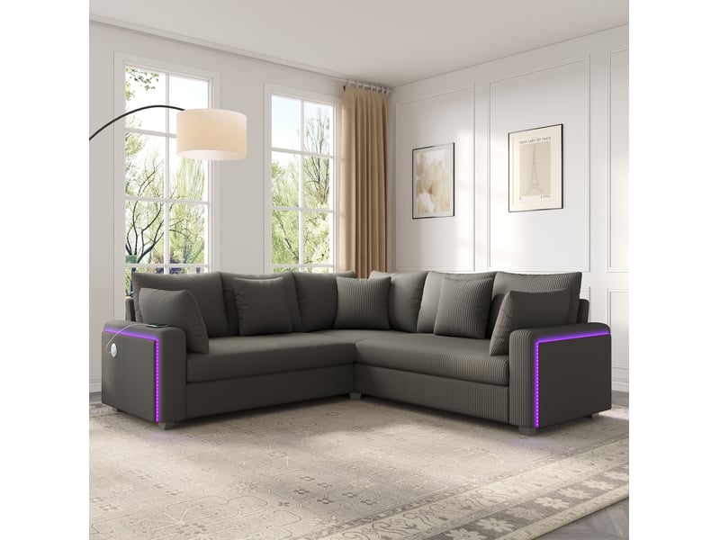  Canapé d'angle 198x198x83 cm – gris – led d'ambiance, usb-c et confort 5 places en velours côtelé  - Conforama D