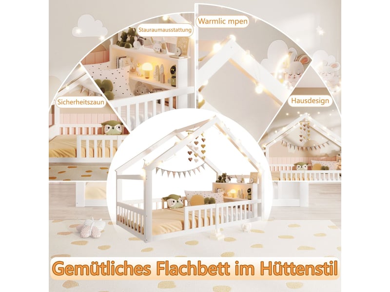  Lit enfant 90x190, garde-corps haut sécurité lit cabane enfant, rangement intégré, structure bois massif  - Conforama E