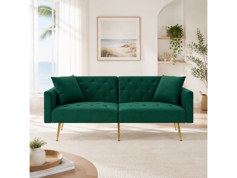 Canapé convertible 2 places avec dossier réglable - coussins inclus, velours, pieds en métal - vert - Conforama C