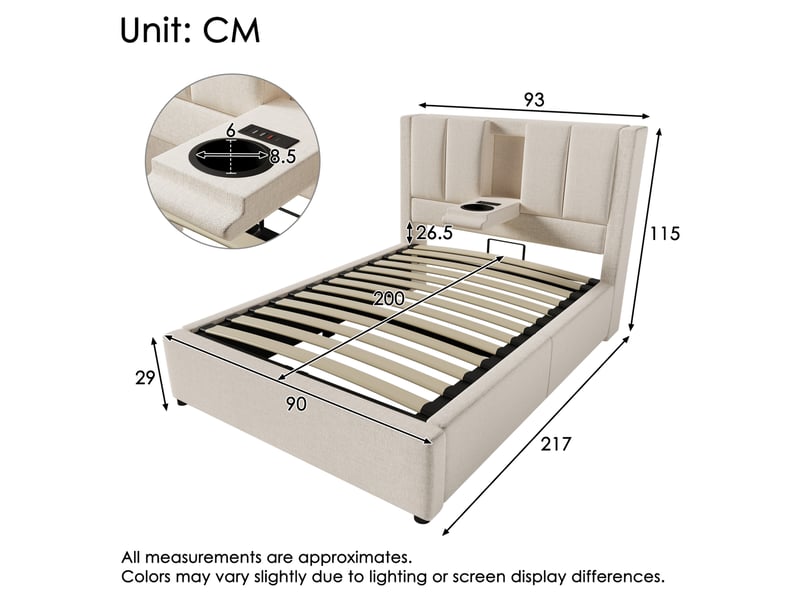  Lit coffre simple 90x200 cm, port usb-c, style moderne, porte-gobelet, rangements intégrés, lin beige, sans matelas  - Conforama C