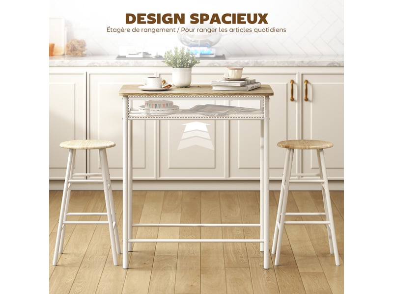  Ensemble table de bar avec tabourets, table à manger debout avec 2 chaises, étagère et pieds en métal, 80x50x90cm, blanc  - Conforama E