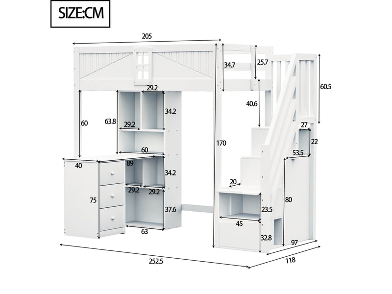  Lit mezzanine enfant 90 x 200 cm avec bureau, rangements et échelle réversible blanc  - Conforama C