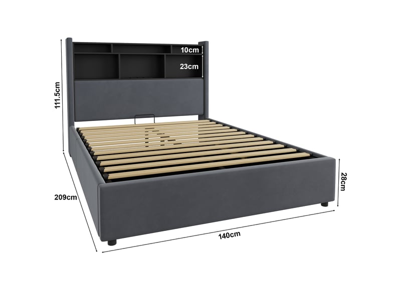  Lit coffre 140x190 cm adulte avec led et station de charge, rangement hydraulique, velours gris foncé  - Conforama C