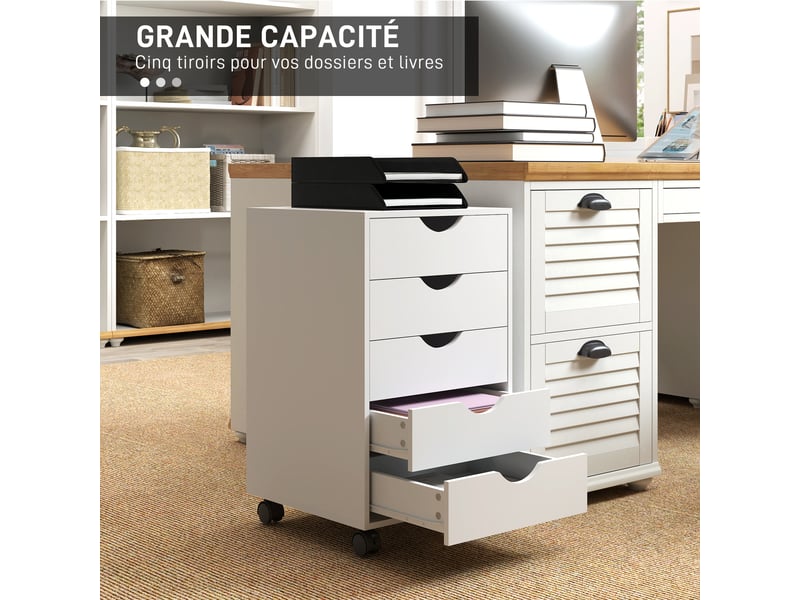  Caisson de bureau mobile 5 tiroirs sur roulettes blanc 40 x 40 x 67 cm  - Conforama D