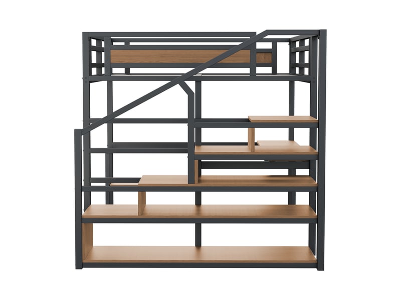  Lit mezzanine 140 × 200 cm, bureau et étagères intégrés, escalier avec rangement, structure en métal et mdf, noir  - Conforama E
