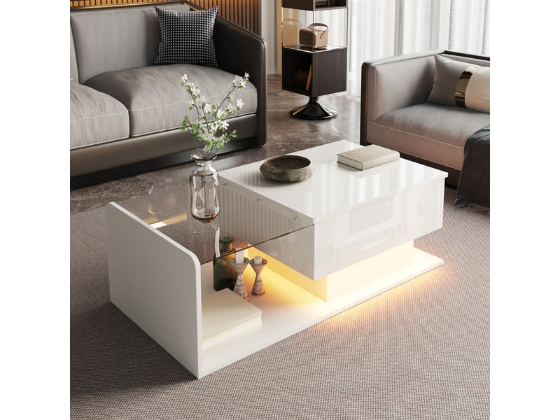  Table basse, à plateau relevable, avec éclairage led, avec rangement intégré, 100 x 50 x h 33–47,5 cm, blanc, plateau en verre trempé, style moderne Luxe haut de gamme - Conforama D