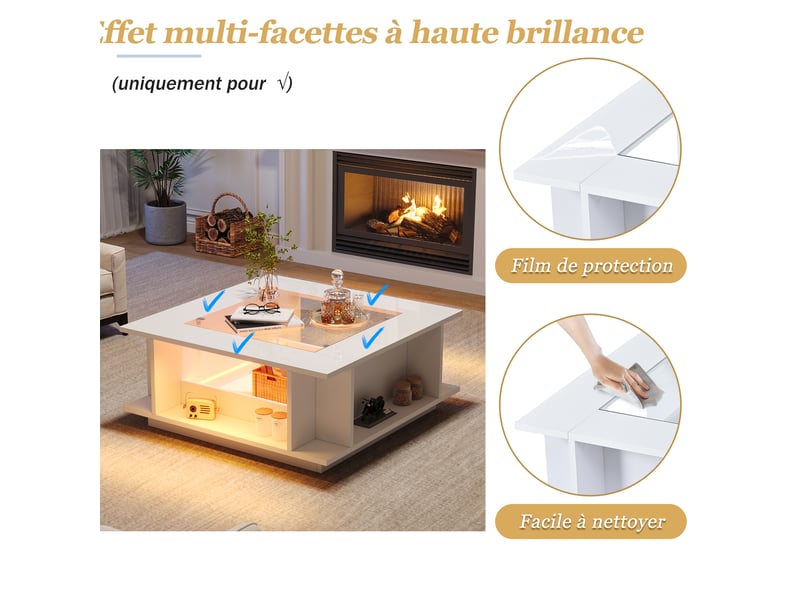  Table basse, avec éclairage led, avec rangement intégré, 70 x 70 x h 30 cm, blanc, plateau en verre trempé, structure en panneau de particules Luxe haut de gamme - Conforama E