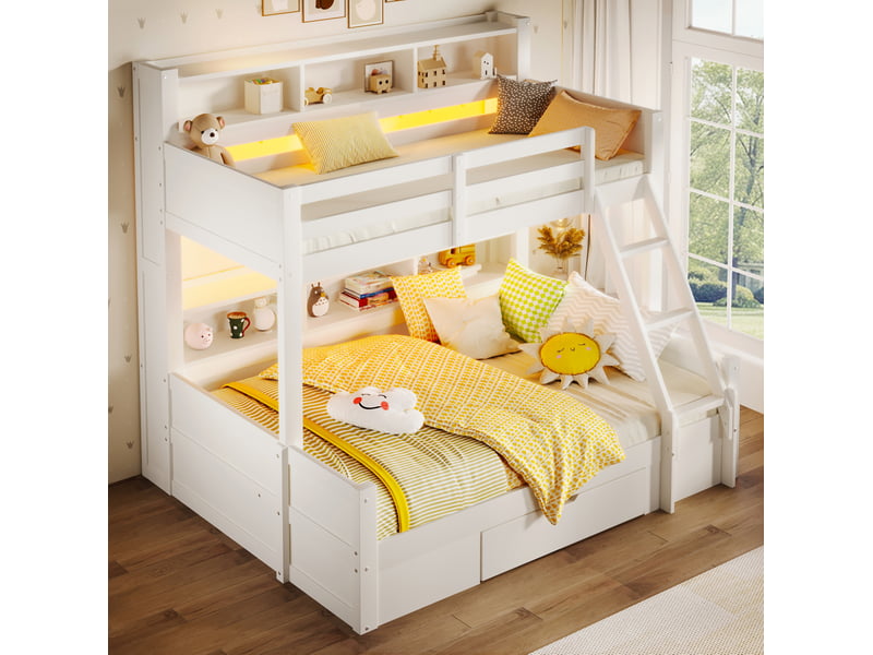 Lit superposé enfant 90x200 et 140x200 cm avec led, rangements et tiroir blanc - Conforama D