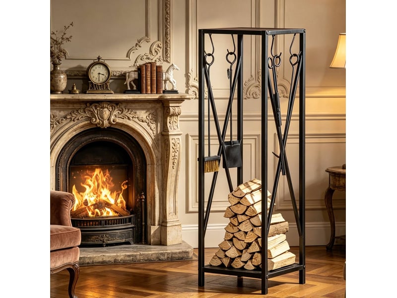  Serviteur de cheminée 34 x 34 x 111 cm noir en métal, range-bûches avec 4 outils de cheminée et deux étagères  - Conforama D