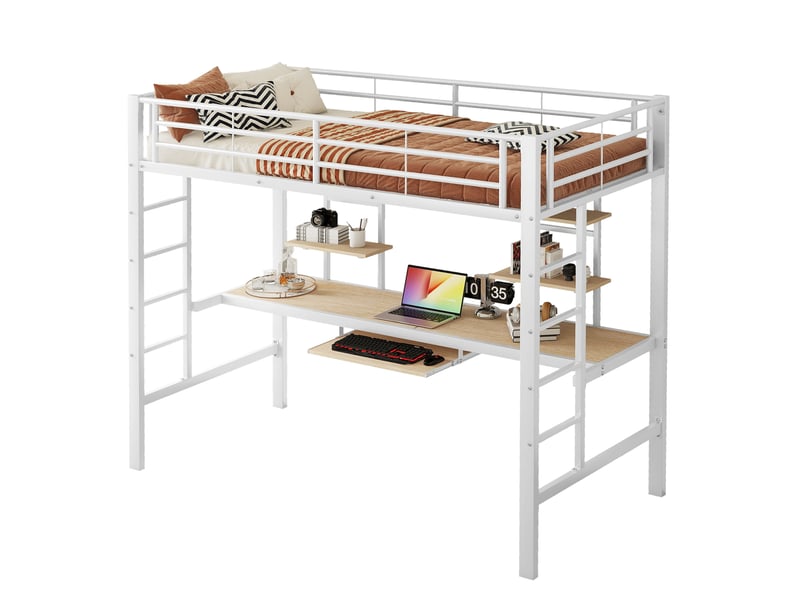 Lit mezzanine en métal blanc 90 × 200 cm, bureau intégré et 2 bibliothèques - Conforama D