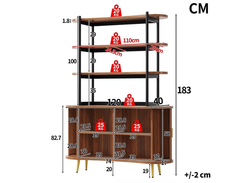  Buffet de cuisine avec portes coulissantes et 4 étagères ouvertes, pieds métal dorés, en mdf, bois, 120 × 40 × 183 cm  - Conforama D