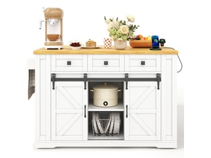 Îlot de cuisine avec plateau rabattable, 3 tiroirs et prises, pour cuisine, mdf blanc et bois, 130 × 50 (80) × 87 cm