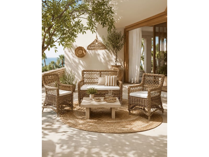  Asana - salon de jardin en rotin avec 1 banquette et 2 fauteuils  - Conforama A