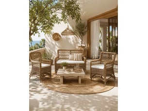 Asana - salon de jardin en rotin avec 1 banquette et 2 fauteuils