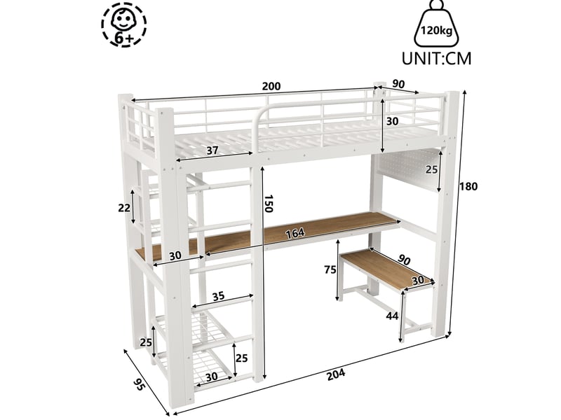  Lit mezzanine 90x200 cm avec bureau, rangements et led blanc  - Conforama C