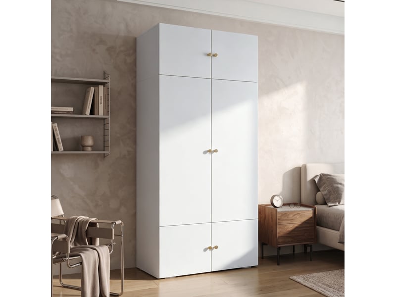  Armoire haute battante 90x50x202 cm, 1 barre de penderie, 5 compartiments, panneau de particules blanc chic moderne  - Conforama E