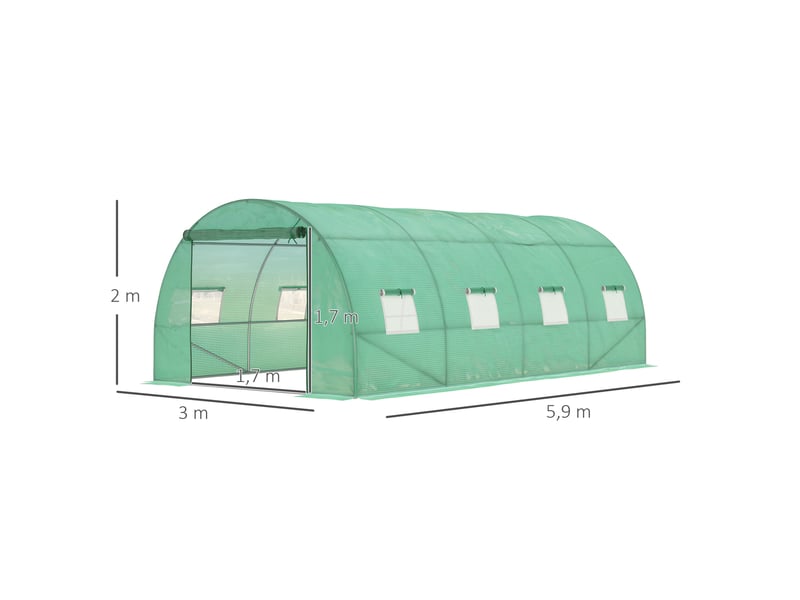  Serre de jardin tunnel 590x300x200 cm – verte – 8 fenêtres, porte enroulable et piquets d'ancrage  - Conforama C