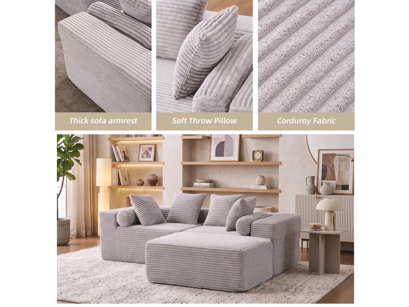  Canapé d’angle modulable,215.9x105.9x75.5 cm,3 places,chenille,gris  - Conforama E