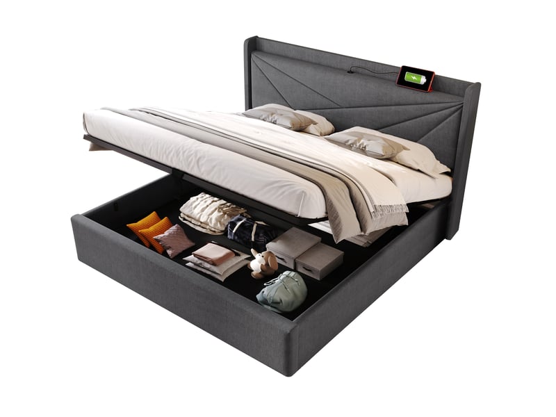  Lit coffre adulte 160x200 cm – gris – rangement relevable, ports usb et usb-c, sommier et matelas inclus  - Conforama A