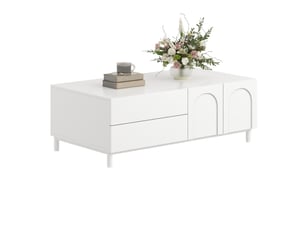 Table basse avec 2 tiroirs et 2 portes, rangement fermé, pieds en acier, pour salon, blanche 100 × 50 × 39,5 cm
