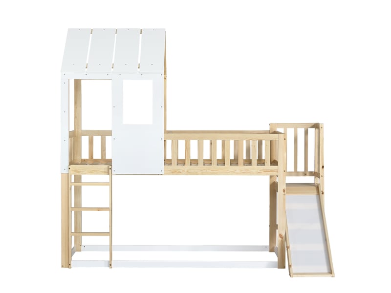  Lit superposé avec échelle à angle droit et toboggan, lit cabane avec toit et fenêtre, lit enfant avec protection antichute et barrière de sécurité, cadre en pin, naturel + blanc (90x200cm)  - Conforama D