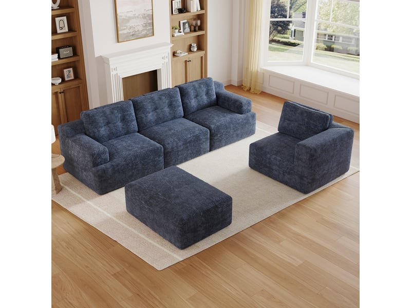 Canapé modulable 5 places, revêtement en chenille bleu confortable, canapé d'angle forme l ou u, sans montage requis pour salon & grand séjour - Conforama E