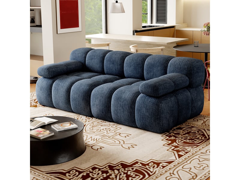  Canapé compressé 200 cm sans montage en mousse haute élasticité, canapé droit sans ossature au design arrondi pour salon, tissu chenille doux, bleu OPULERANE TRADING LTD - Conforama E