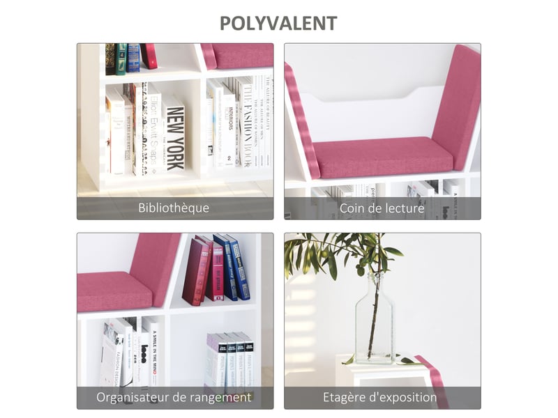  Bibliothèque banc 2 en 1 avec coussins et 6 casiers en panneau de particules 102x30x61 cm  - Conforama E