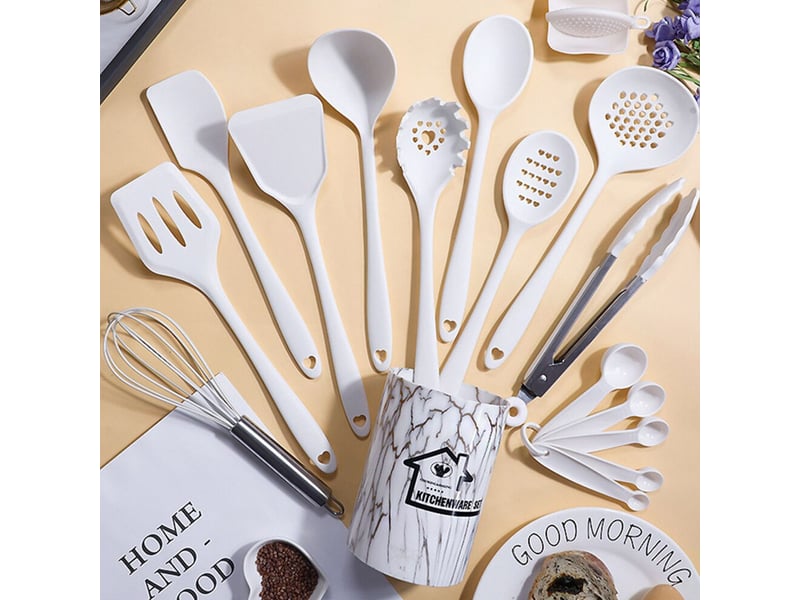  Ensemble ustensiles cuisine 18 pièces silicone résistant chaleur support manche bois blanc  - Conforama B
