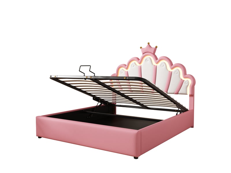  Lit plat 140 x 200 cm, lit capitonné, lit princesse, éclairage d'ambiance réglable, barre de toit, rose  - Conforama E
