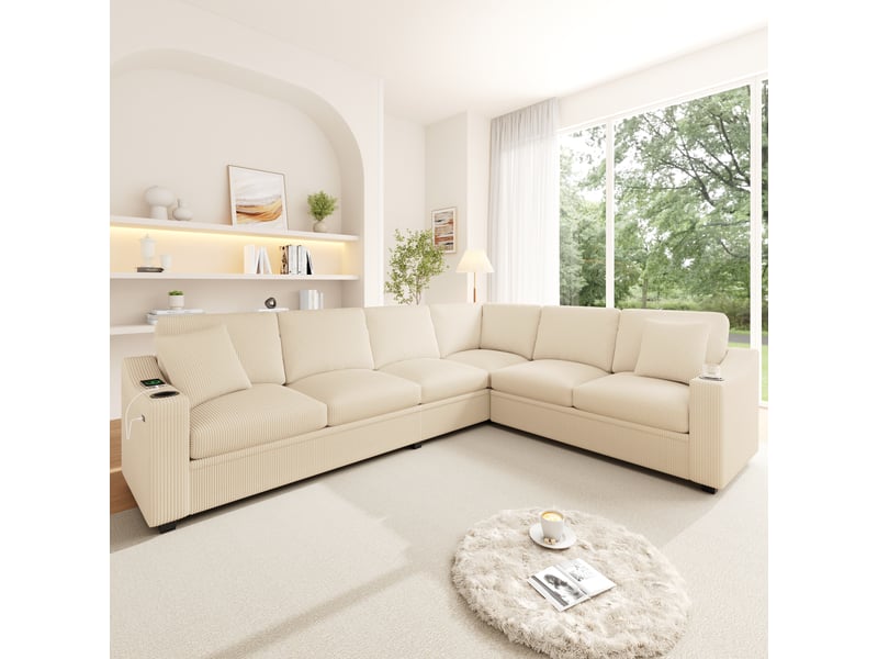  Canapé d'angle en l – 6 places – avec ports de charge rapide usbtype-c – inclut 2 porte-gobelets et 2 coussins – beige  - Conforama D