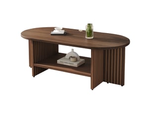 Table basse ovale fixe avec étagère ouverte, design rainuré moderne pour salon, mdf marron, 100 × 49 × 35 cm