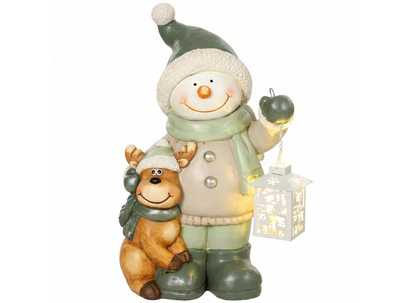  Bonhomme de neige en métal de 43 cm avec lanterne led et minuterie, pour entrée et porte.  - Conforama B