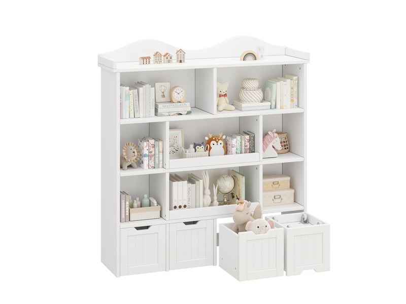  Bibliothèque enfant 120x30x131 cm, meuble de rangement pour jouets, 4 tiroirs, étagères de rangement, rangement ouvert, mdf blanc CozyNest - Conforama A
