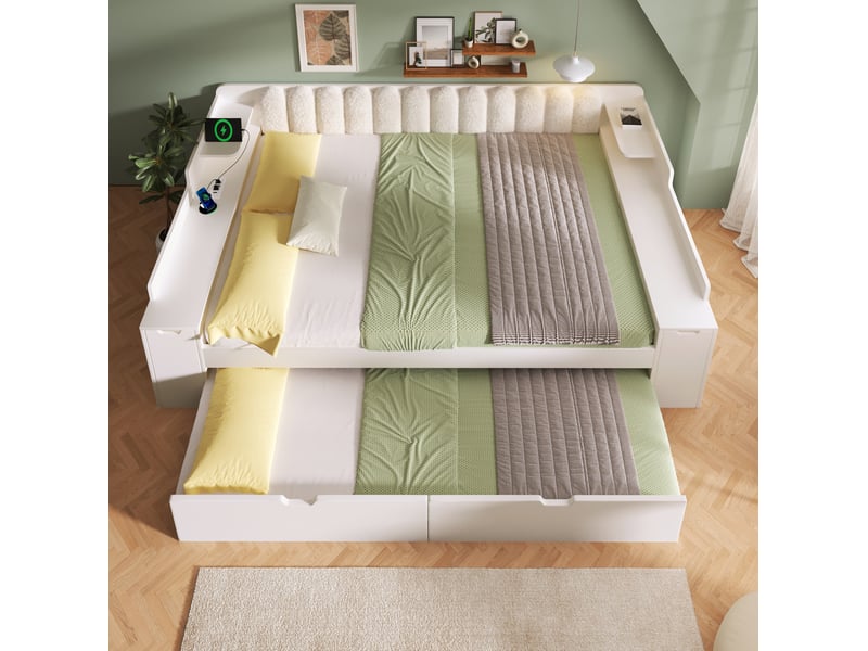  Lit gigogne 2 places 140x200 cm avec rangement, pour chambre, en mdf et en métal, design moderne, blanc, sans matelas  - Conforama B