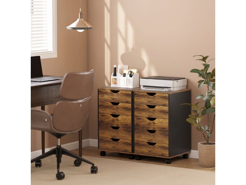  Caisson bureau mobile, meuble rangement sur roulettes avec 5 tiroirs, bois, marron, 40 x 40 x 67 cm  - Conforama W