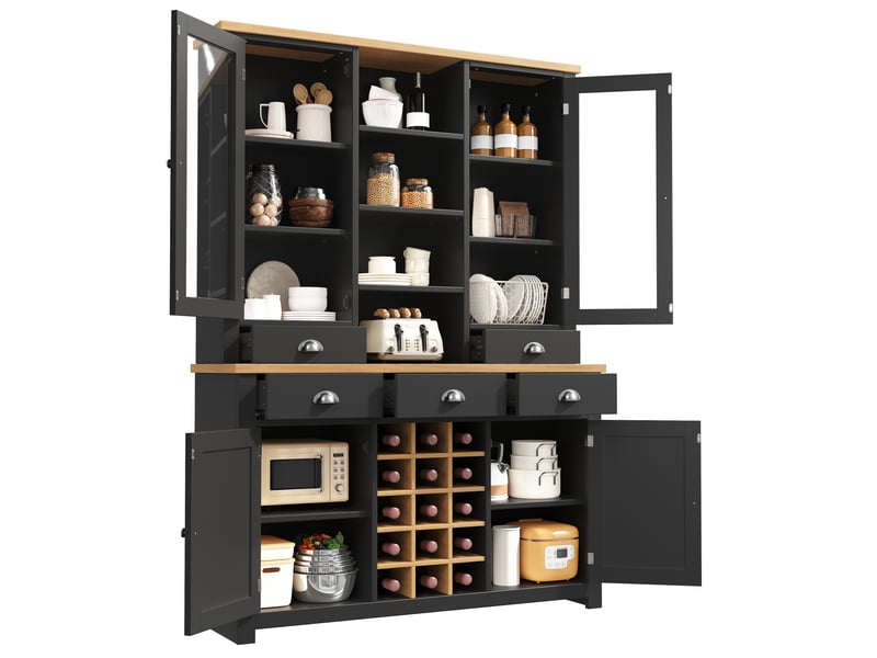 Armoire haute multifonctionnelle noire 120×40×185 cm - porte vitrée, 5 tiroirs, casier à vin amovible, fermeture amortie, anti-basculement - Conforama A