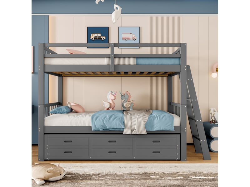  Lit superposé enfant 90 x 200 cm gris avec lit gigogne, 3 tiroirs et échelle  - Conforama C