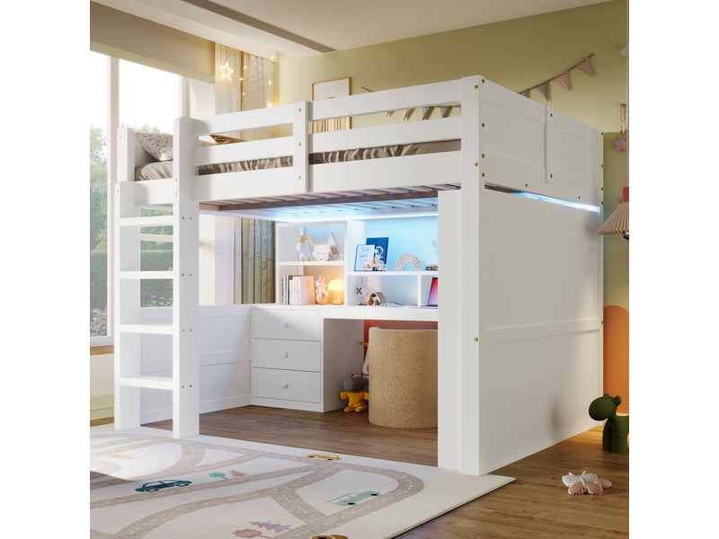  Lit mezzanine 140 x 200 cm, led, armoire, bureau, tiroirs, rangements, blanc, sans matelas  - Conforama C
