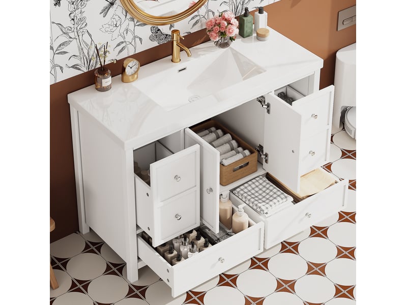  Meuble rangement armoire tiroirs portes 120 cm mdf blanc lavabo resine sur pied homvra  - Conforama B