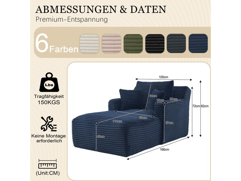  Chaise longue de relaxation moderne - 100x166x82cm - fauteuil de salon en velours côté design sans montage - bleu  - Conforama E