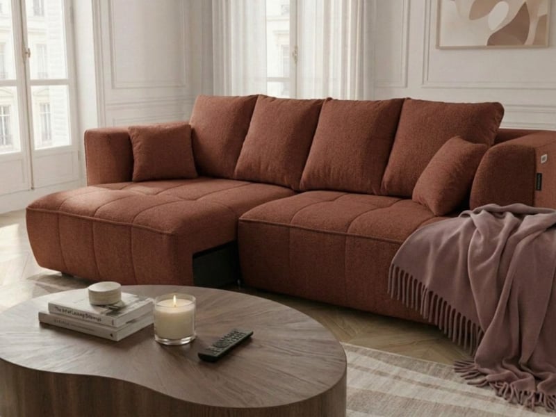  Bobochic canapé droit convertible double avance-recule électrique clovis tissu lisse orange CLOVIS - Conforama C
