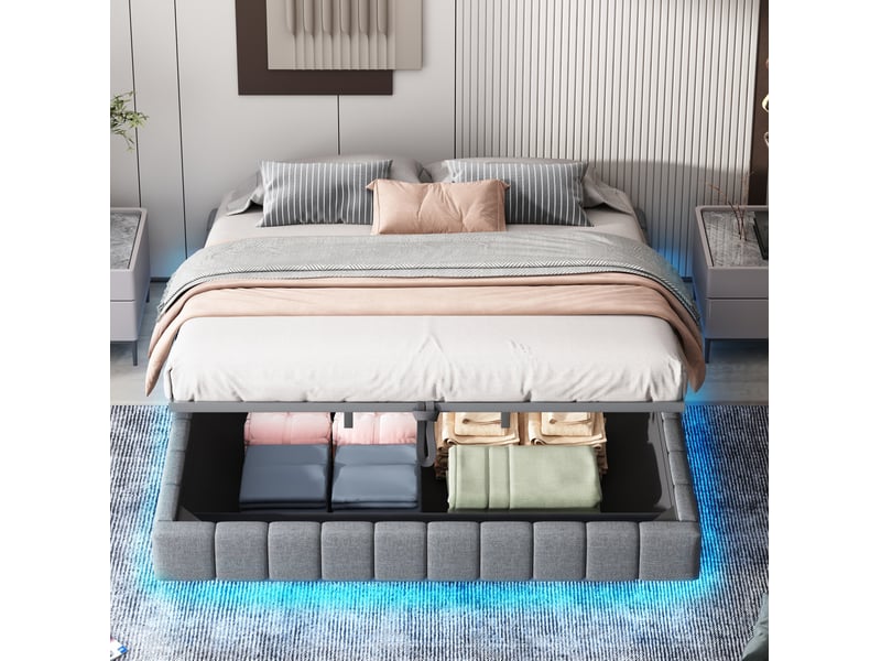  Lit rembourré tcqpz 180 x 200 cm avec rangement hydraulique sans tête de lit led gris  - Conforama E