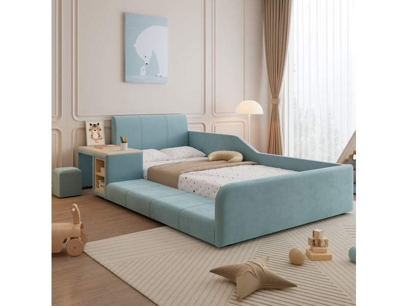  Modenvie lit enfant 90x200 cm - avec bureau latéral, tabouret et rangements - sans matelas - bleu  - Conforama B
