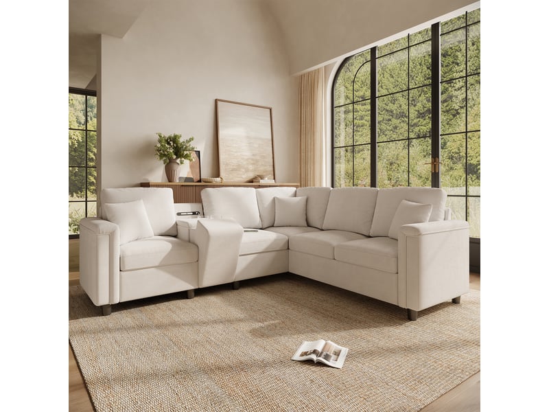 Canapé d’angle modulable en l 235 cm 5 places avec console de rangement, 2 porte-gobelets, usbtype-c, liseuse intégrée, chenille, beige - Conforama B