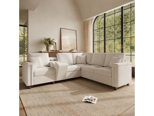 Canapé d’angle modulable en l 235 cm 5 places avec console de rangement, 2 porte-gobelets, usbtype-c, liseuse intégrée, chenille, beige