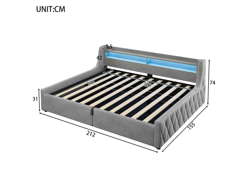  Lit coffre 140 × 200 cm, rangement hydraulique, tête avec led multicolore, sommier à lattes, velours et mdf, gris  - Conforama C