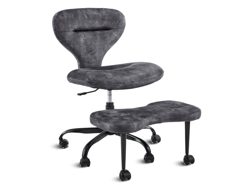 Chaise de bureau de méditation pivotante à roulettes avec repose-pieds escamotable et poches en tissu gris - Conforama A